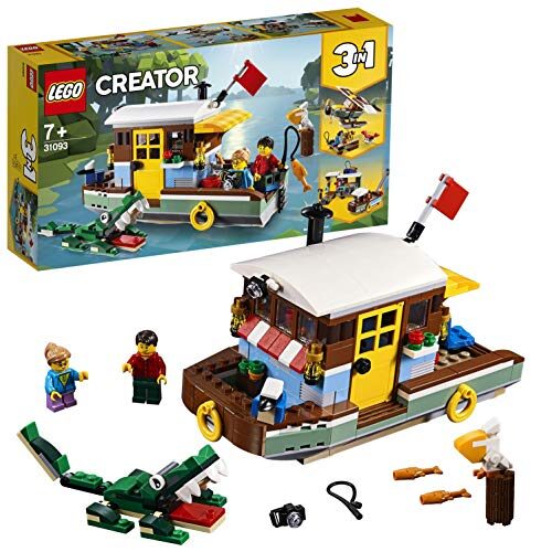 LEGO 31093 Creator 3in1 Riverside Houseboat Seaplane and Fishing Village Building Set with Toy Boat, Plane, 2 Minifigures and Crocodile Figure, Toys for Kids 7 Years Old and Older
