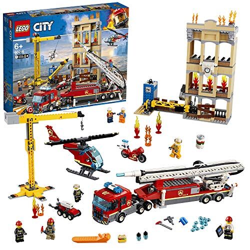 LEGO 60216 City Fire Downtown Fire Brigade with Fire Engine Truck Toy, Crane, Helicopter, Motorbike and 7 Minifigures, Fireman Toys for Kids